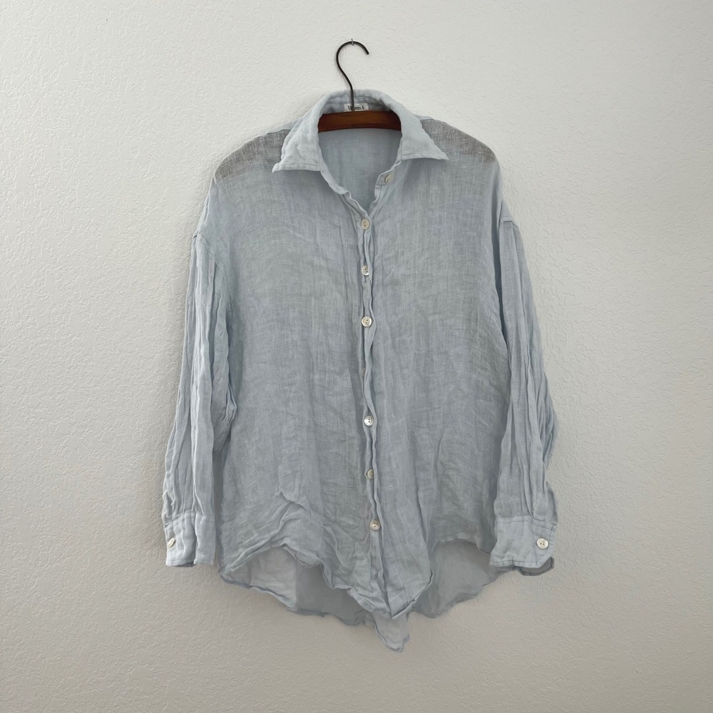 Vitamin A Playa Linen Boyfriend Shirt Womens XS Celeste EcoLinen